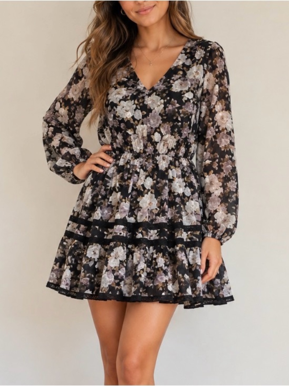 En Saison Floral Black & Gray Long Sleeve Peasant mini dress tiered lace trim MD
